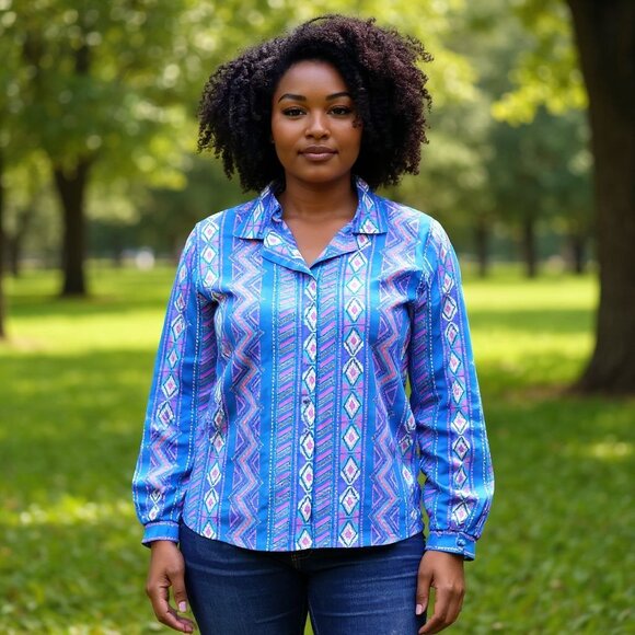 Sophisticates Jonathan Martin VTG Satin Aztec Print Button Up Blouse Women's 14 - Picture 3 of 9